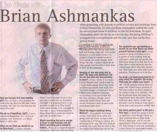 Selectman Brian Ashmankas For Millbury