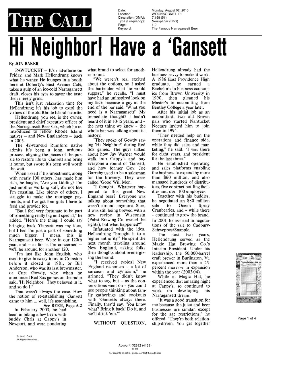 In The News: Woonsocket Call - August 2, 2010