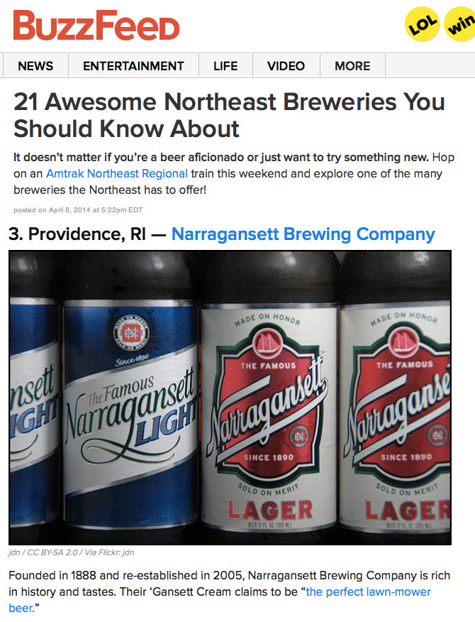 'Gansett Featured in Buzzfeed's "21 Awesome Northeast Breweries You Should Know About"